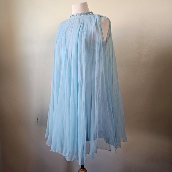 Vintage 70s Carroll's Blue Chiffon Pleated Babydoll Tent Trapeeze Mini Dress S - Picture 1 of 11